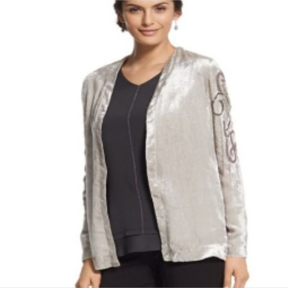 Chico's Velvet Embroidered Jacket 1 Medium Seagull Grey New